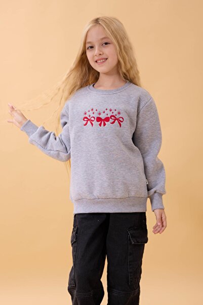 Perendi Φούτερ για κορίτσια με λαιμόκοψη ποδηλάτου με κέντημα με φιόγκο γκρι μελανζέ