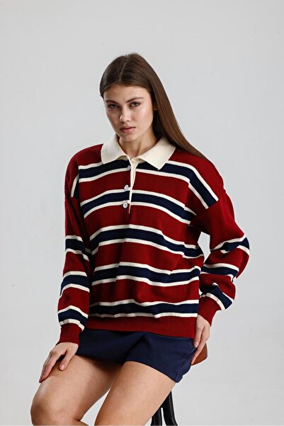 Rawanda Pulover tricotat pentru femei, cu guler polo, cu nasturi, cu dungi burgundy