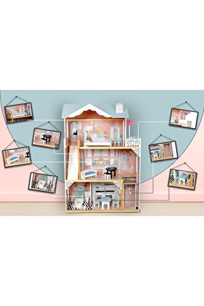 indiggo Ξύλινο Κουκλόσπιτο, Μοντέρνα Βίλα, 3 Επίπεδα, 4 Δωμάτια, Σκάλες, Ασανσέρ, Ύψος 121cm, Ροζ/μπλε