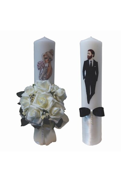 OEM Set of two thick Wedding Candles, length 35 cm decorated with latex roses...