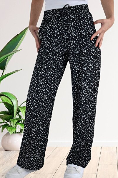 Mood Lab Kadın Beli Lastikli Siyah Çiçek Baskılı Bürümcük Palazzo Pantolon