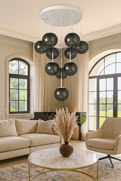 VENON FERİS 60 Cm Tepsi 10'lu Sarkıt BEYAZ Metal Avize FÜME Glop Camlı E27 Du...