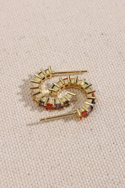 LA PERRY ACCESSORIES Gold Color Hoop Earrings with Colorful Square Stones