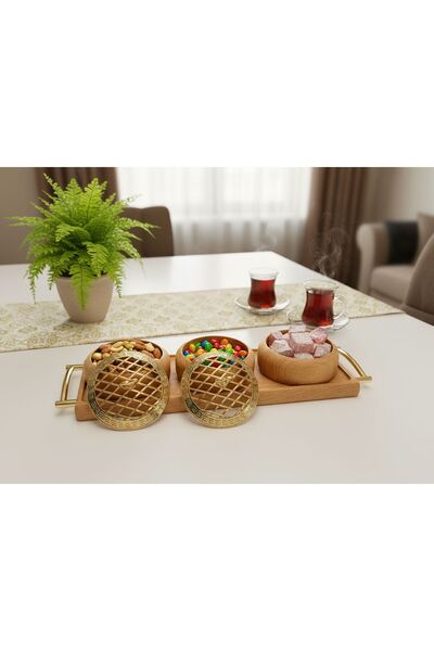 tios home Wooden Presentation Set with Gold Lid, Serving Tray with 3 Bowls and Beech Stand with Handles