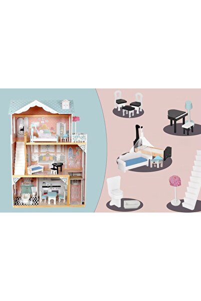 indiggo Ξύλινο Κουκλόσπιτο, Μοντέρνα Βίλα, 3 Επίπεδα, 4 Δωμάτια, Σκάλες, Ασανσέρ, Ύψος 121cm, Ροζ/μπλε