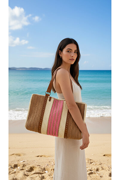 Atb Design Pembe Şeritli Plaj Çantası