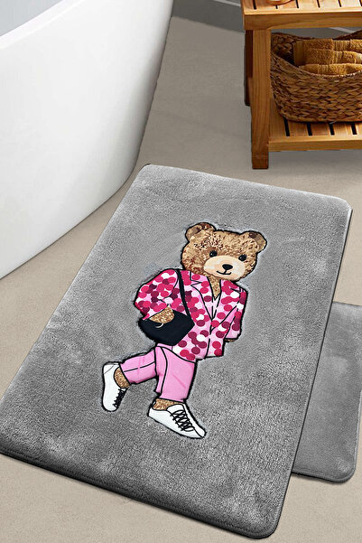 Chilai Home Boss Bear Gray 2-Piece Embroidered Bath Mat, Non-Slip Base 60X100 50X60 Cm