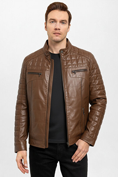 Deriderim طابا أوسكار مبطن مخيط من جلد الغزال الأزرق الداكن مزين بسحاب معطف جلد طبيعي