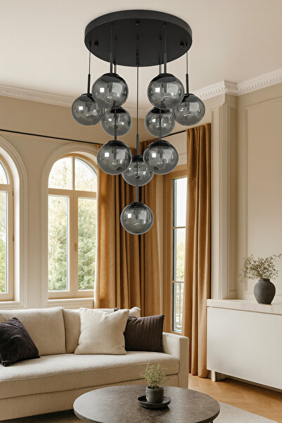 VENON FERİS 60 Cm Tepsi 10'lu Sarkıt SİYAH Metal Avize FÜME Glop Camlı E27 Du...