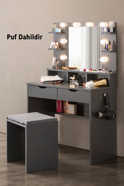 benim odam Diva Hollywood Işıklı Aynalı Raflı Çekmeceli Kulis Makyaj Masası O...