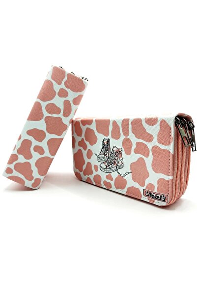 Limmy Μολυβοθήκη με σχέδιο αγελάδας Kawai Organizer Μολυβοθήκη Vegan Δερμάτινη θήκη για στυλό τριών τμημάτων -Nude (ροζ)