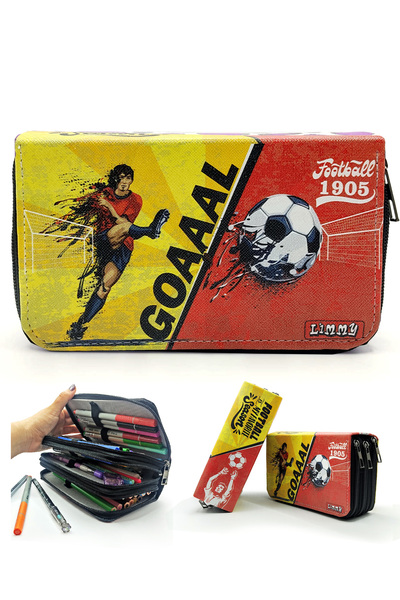 Limmy Pencil Case Yellow-Red Fan Organizer Pencil Case Vegan Leather Three Compartment Pen Holder