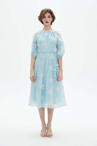 Nichii Half Sleeve Midi Dress with Round Neck