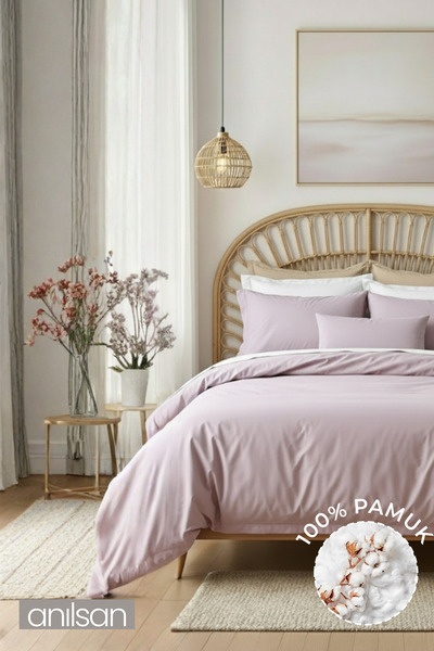 Anılsan Plain Lilac Single Fitted Sheet Buttoned Ranforce Duvet Cover Set 100% Cotton 1 Pillowcase,