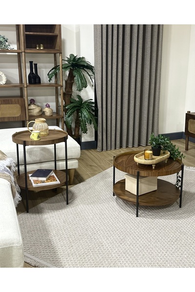 LAGOMA Harmonia Yuvarlak Orta Sehpa Ahşap Raf Metal Ayak - 80 cm