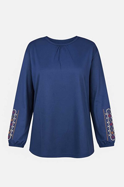 Nacar Moda Bluză din Lycra pentru femei de vârstă mijlocie și peste patru anotimpuri, albastră, din bumbac pieptănat, sezon nou, cu mâneci brodate