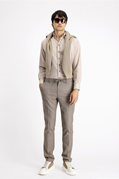 Kiğılı Super Slim Fit Ekstra Dar Kesim Beli Lastikli İpli Desenli Likralı Klasik Kumaş Pantolon