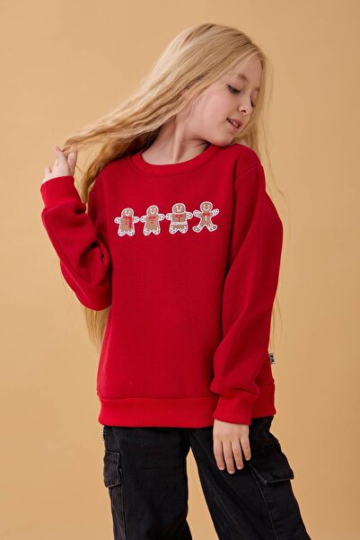 Perendi Φούτερ για κορίτσια με λαιμόκοψη με κέντημα μπισκότου κόκκινο