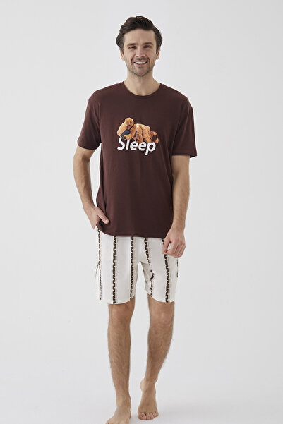 koza iç giyim Чоловічий короткий рукав бавовняний піжамний комплект з шортами з малюнком ведмедиків