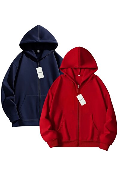 pandy 2-компонентна тъмносиня - червена качула с качулка, унисекс, суитшърт с цип / жилетка