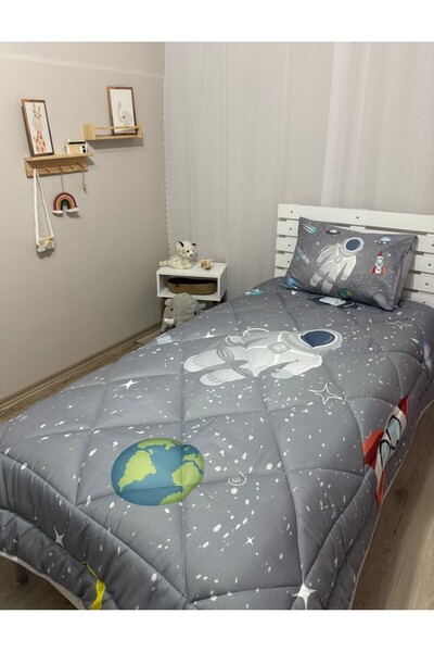 yok yok evim eve dair her şey Welsoft Fluffy Double Sided Astronot Patterned Single Duvet Sleeping Set