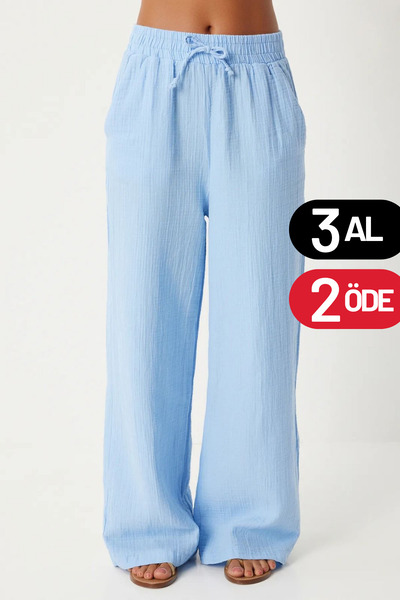 Mogi Butik Pantaloni Palazzo din muselină, ușor transparenți, cu talie elasti...