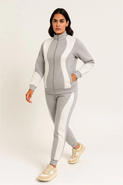JANES Premium piece tracksuit set - stand collar zipper sweatshirt - gray
