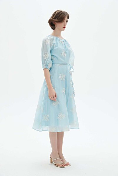 Nichii Half Sleeve Midi Dress with Round Neck