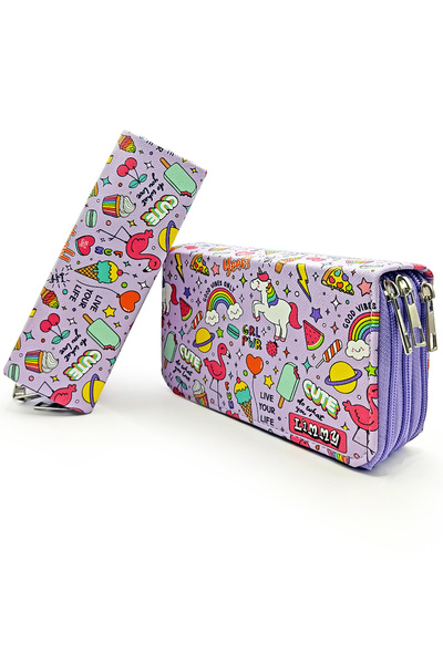 Limmy Mor Unicorn-Flamingo Kawai Organizer Kalemkutu Kalem Kutusu Vegan Deri Üç Bölmeli Kalemlik -Mor