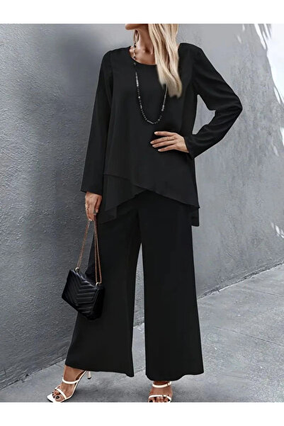 BZ Boutique Set de două piese pentru femei, cu mâneci lungi, cu detalii asimetrice, bluză și pantaloni largi, Sandy