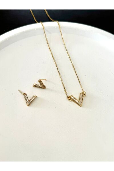 DEMOKAN Kadın Vip Seri Kolye Küpe Set V Model Zirkon Taş Set