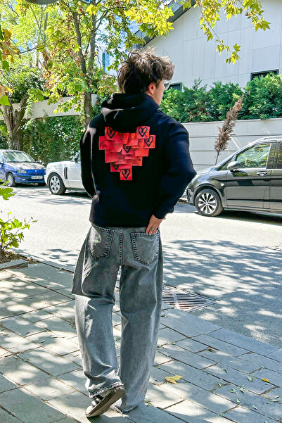 Sekizbiraltı Love Printed Oversize Unisex Μαύρο Hoodie
