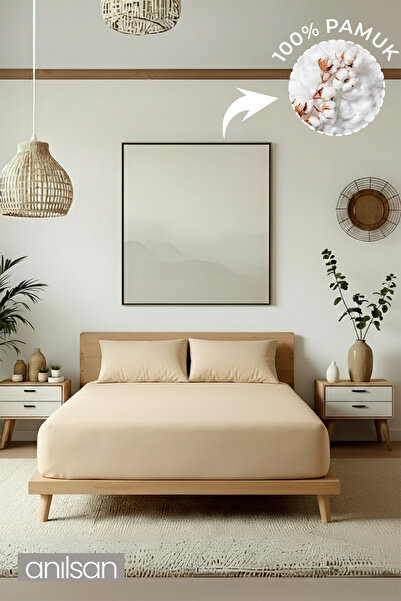 Anılsan Plain Beige Double Ranforce Bed Sheet Set 100% Cotton (Sheet+Pillowcase)
