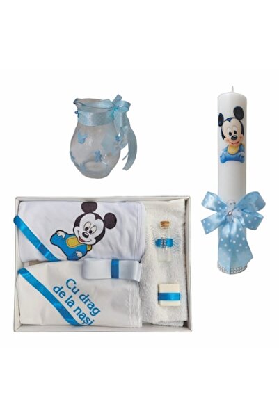 OEM Set Botez din Trusou 6 piese cu Mickey, Lumânare groasă și Cantă ornate c...