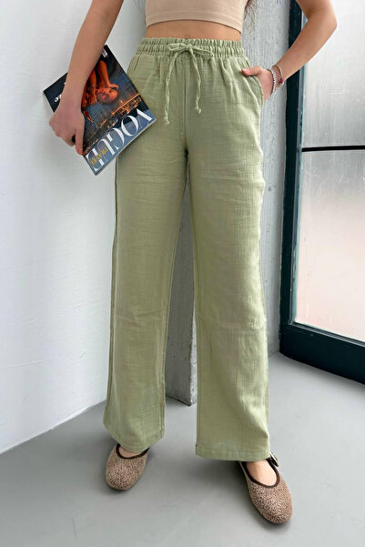 Mogi Butik Pantaloni Palazzo din muselină, ușor transparenți, cu talie elasti...