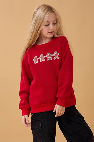 Perendi Φούτερ για κορίτσια με λαιμόκοψη με κέντημα μπισκότου κόκκινο