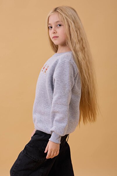 Perendi Girl's Crew Neck Cookie Embroidered Sweatshirt Gray Melange