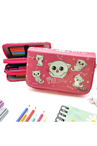 Limmy Simli Işıltılı Purr Beyaz Kedi Kalem Kutusu Vegan Deri Kalemkutu Üç Bölmeli Kalemlik -Pembe
