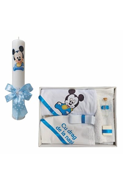 OEM Set Botez din Trusou 7 piese cu Mickey Bebe și Lumânare cu Mickey ornată cu benzi bleu