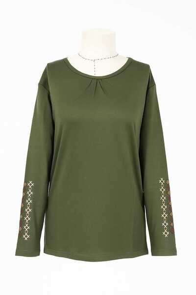 Nacar Moda Kadın Likralı Orta Yaş Ve Üzeri Dört Mevsim Haki Anne Penye Bluz Yeni Sezon Kolu İşlemeli