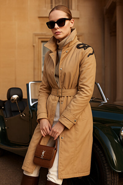 GZ Design Bakır Halat Işlemeli Krem Kapitone Uzun Ince Mont