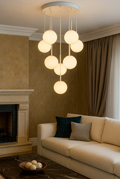 VENON FERİS 60 Cm Tepsi 10'lu Sarkıt BEYAZ Metal Avize BEYAZ Glop Camlı E27 D...