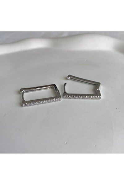 DEMOKAN Kadın Küpe Özel Tasarım Düz Sıra Taşlı Dikdörtgen Halka Küpe