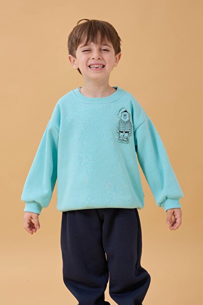 Perendi Boy's Crew Neck Bear Printed Sweatshirt Water Green