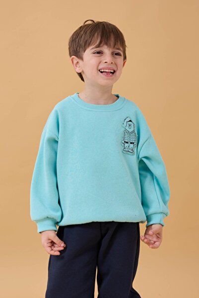 Perendi Boy's Crew Neck Bear Printed Sweatshirt Water Green