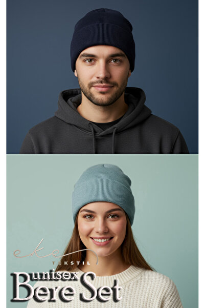 Eke Tekstil Unisex Katlamalı Bere Bebe Mavi Lacivert 2'li Bere Seti