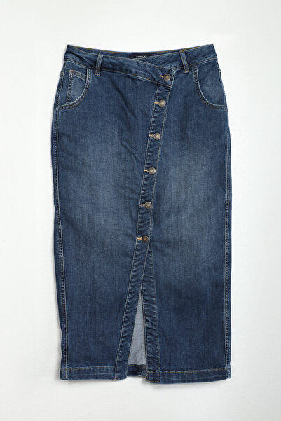 BANNY JEANS Önü Yan Düğmeli Midi Boy Likralı Lacivert Jean Etek