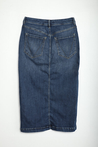 BANNY JEANS Önü Yan Düğmeli Midi Boy Likralı Lacivert Jean Etek