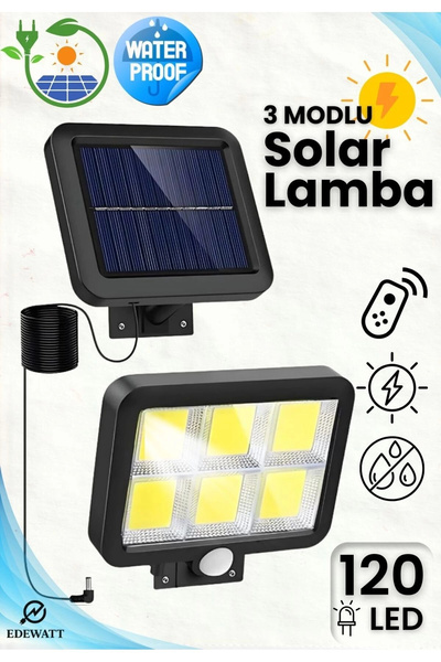 edewatt 120 LED Ayrı Solar Panel Güneş Enerjili 3 Mod Duvar Lambası 5 METRE Kablolu Bahçe Aydınlatma