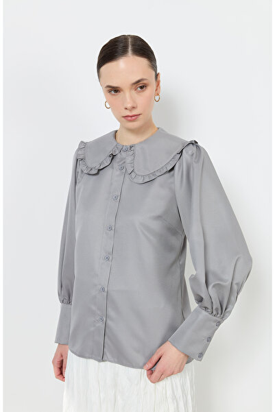 Fatma Atasoy Fırfır Yaka Gri Basic Gömlek